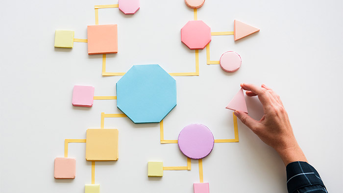 Paper shapes laid out in a complicated business diagram
